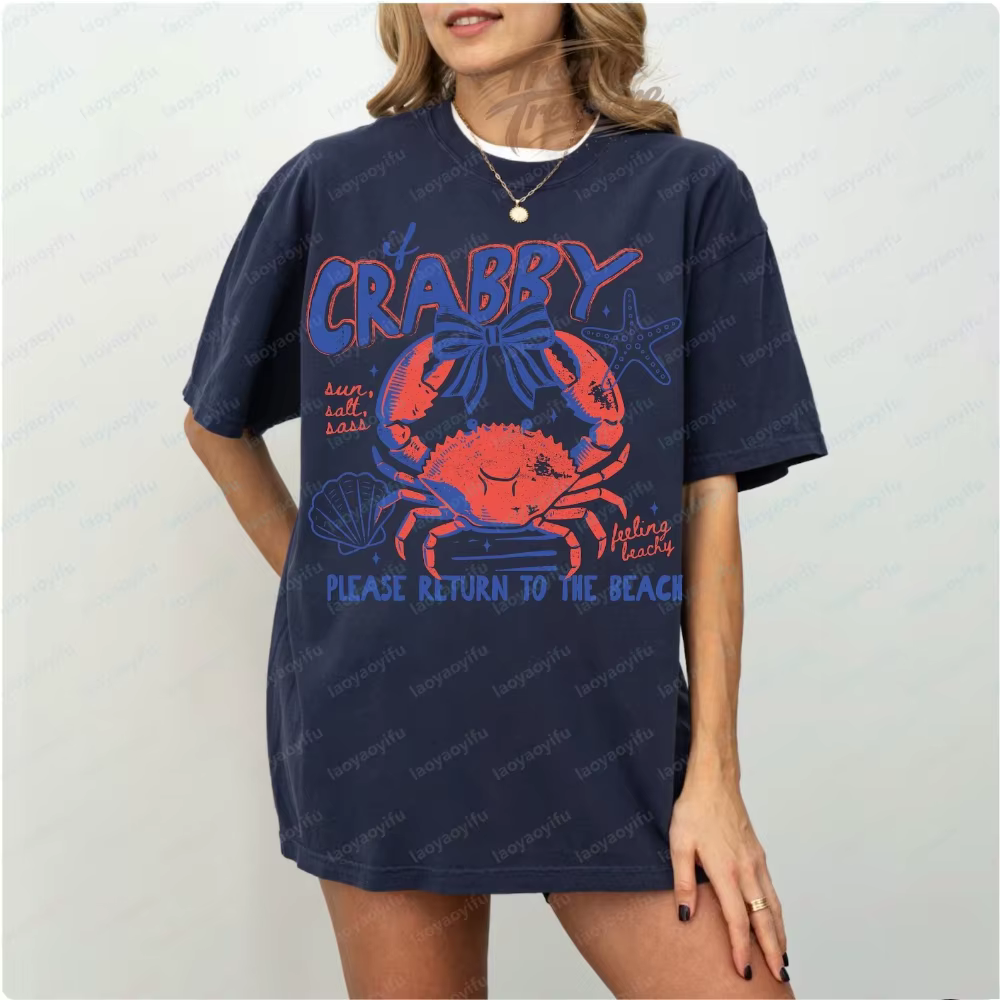 T-shirt Crab Beach, humoristique, pour les vacances en bord de mer, vêtements d'été sur le thème de la vie marine, vêtements pour femmes, t-shirts graphiques, t-shirts oversize, hauts
