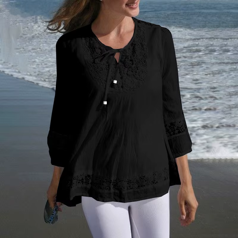 T-shirt à manches 3/4 en coton et lin pour femmes