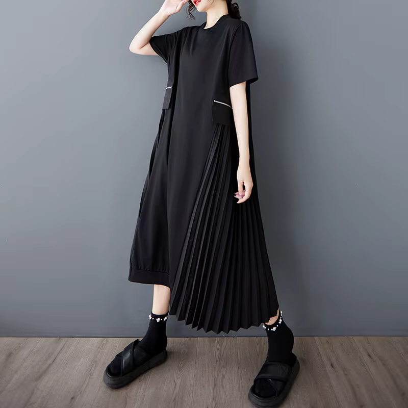 Manches courtes surdimensionné vintage noir plissé nouveau en robes pour femmes décontracté ample longue robe d'été vêtements élégants 2025