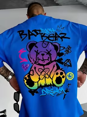 T-shirt à col rond personnalisé avec imprimé graffiti à motif d'ours