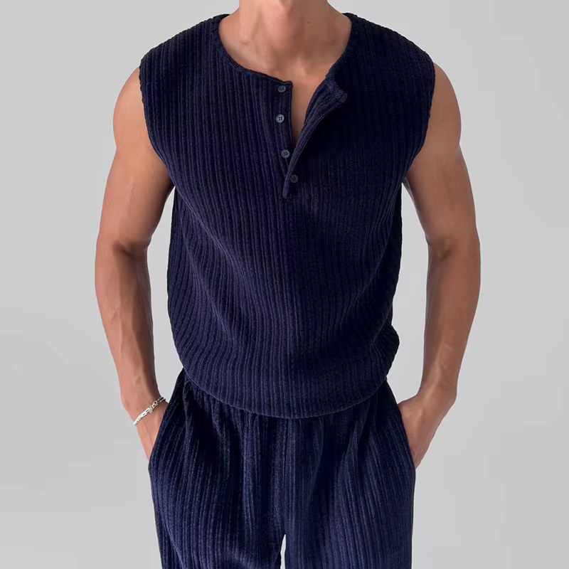 Nouvel ensemble décontracté pour homme 2026 : Gilet sans manches à col Henley et pantalon rayé pour le printemps et l'été