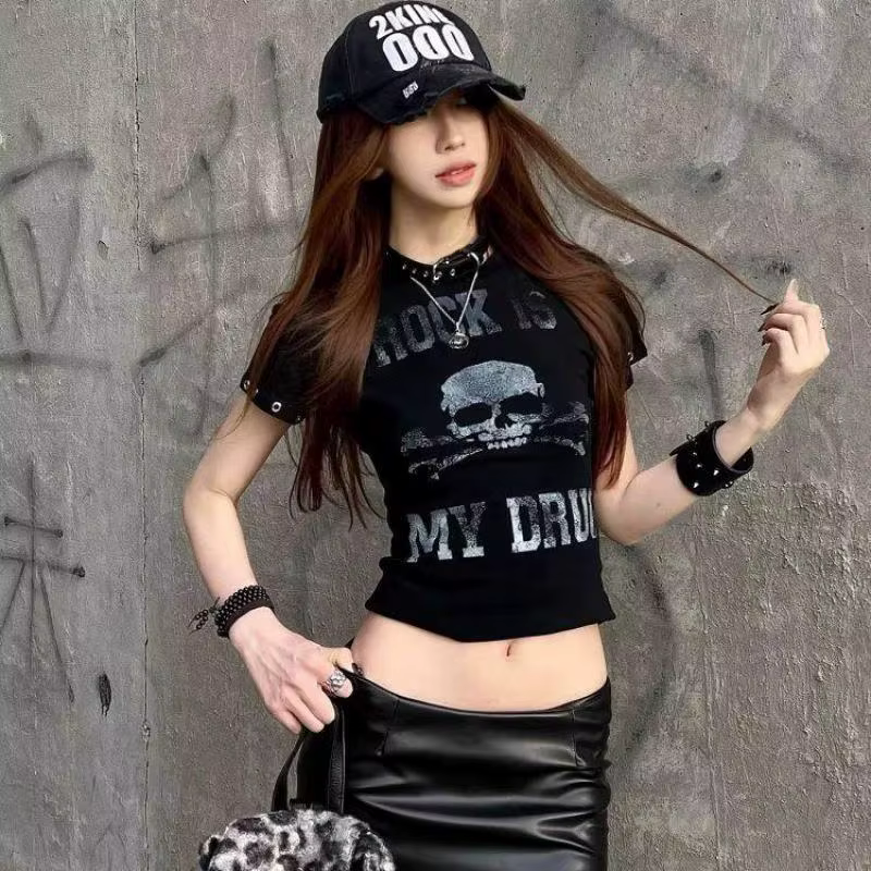 Seeslim Goth Print T-shirt femme manches courtes gothique graphique