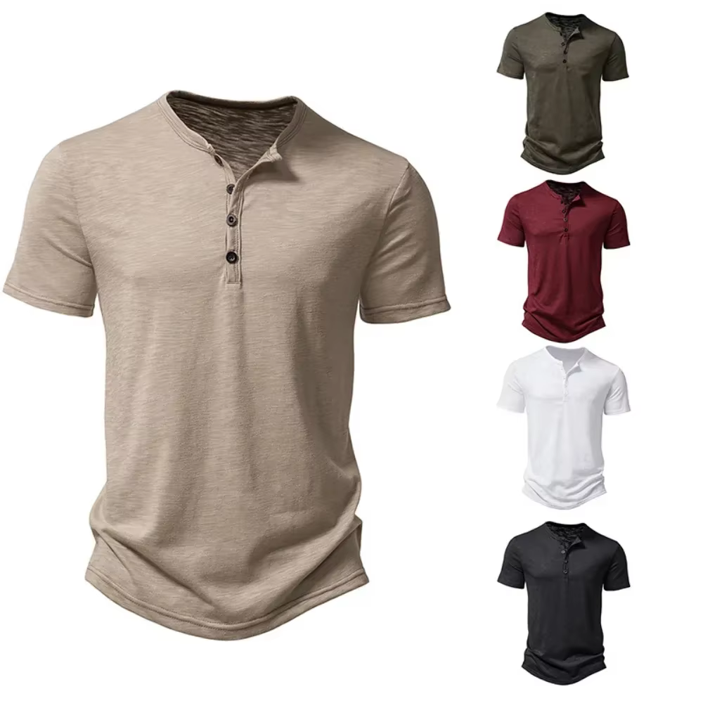 Henley col été hommes décontracté couleur unie à manches courtes t-shirt