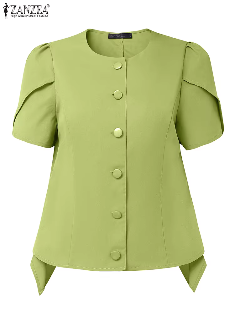 ZANZEA femmes mode asymétrique ourlet Chemises 2025 été col rond boutonné taille ajustée