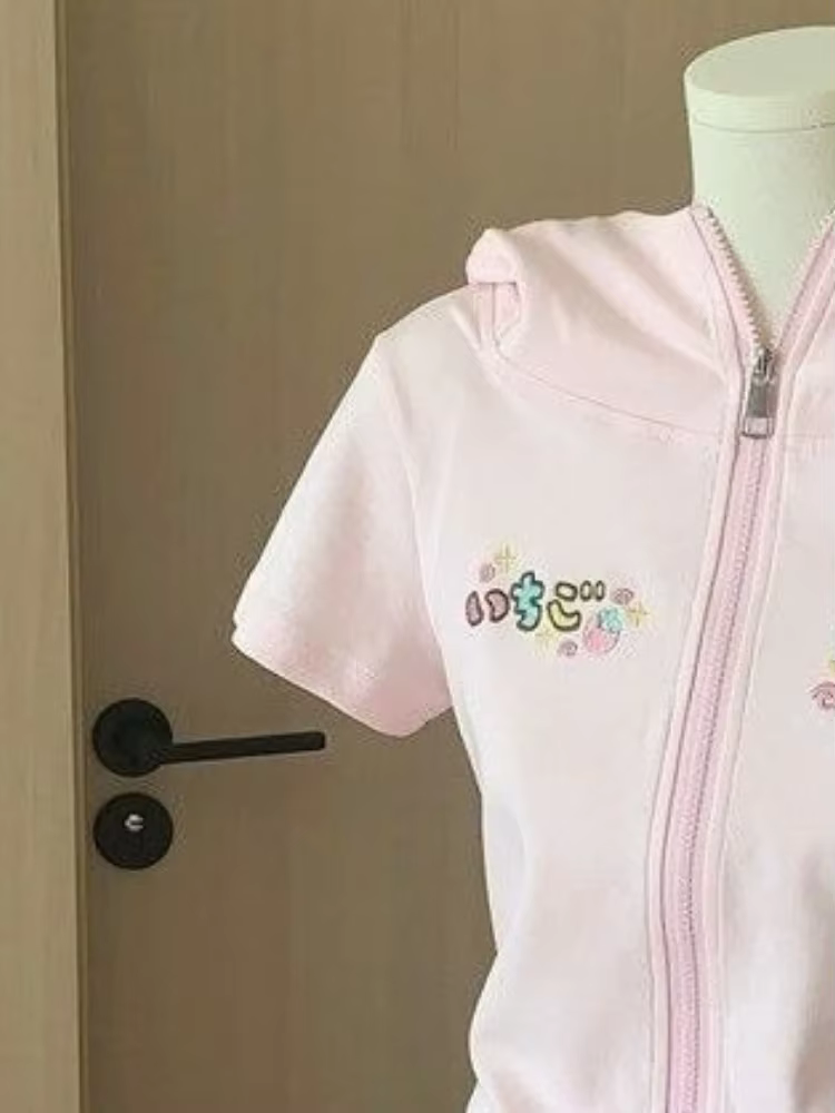 Kawaii dessin animé broderie t-shirts femmes Y2k esthétique T-shirt à capuche Style japonais coupe ajustée fermeture