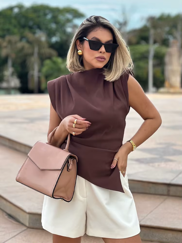HH femme été décontracté asymétrique hauts 3 couleurs solide col rond sans manches dos fermeture éclair
