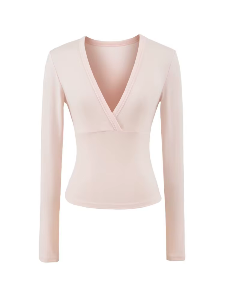 Mignon rose col en v mince T-shirts femmes automne nouveau Streetwear décontracté coton à manches longues