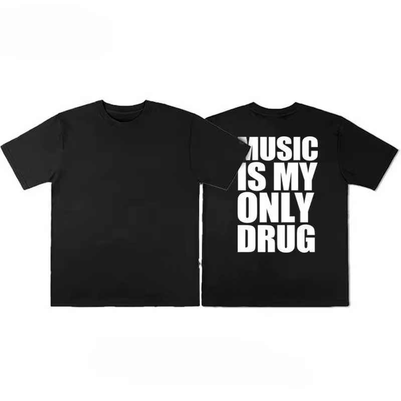 T-shirt à imprimé graphique humoristique 'La musique est ma seule drogue' - Collection Été 2026 - Vêtements pour hommes et femmes - Mode streetwear