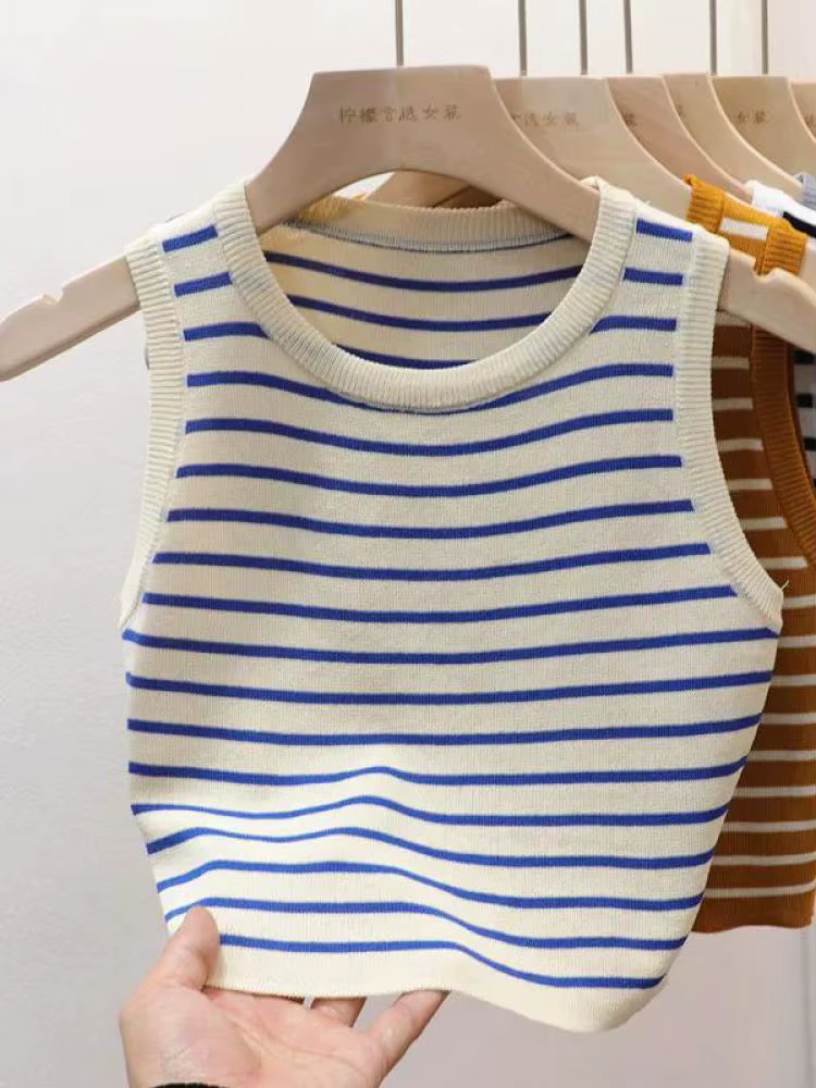 Nouveauté 2026 – Débardeurs rayés tricotés sans manches pour femme – T-shirts courts élastiques et ajustés – Gilets décontractés à col en V – Camisoles pull-over