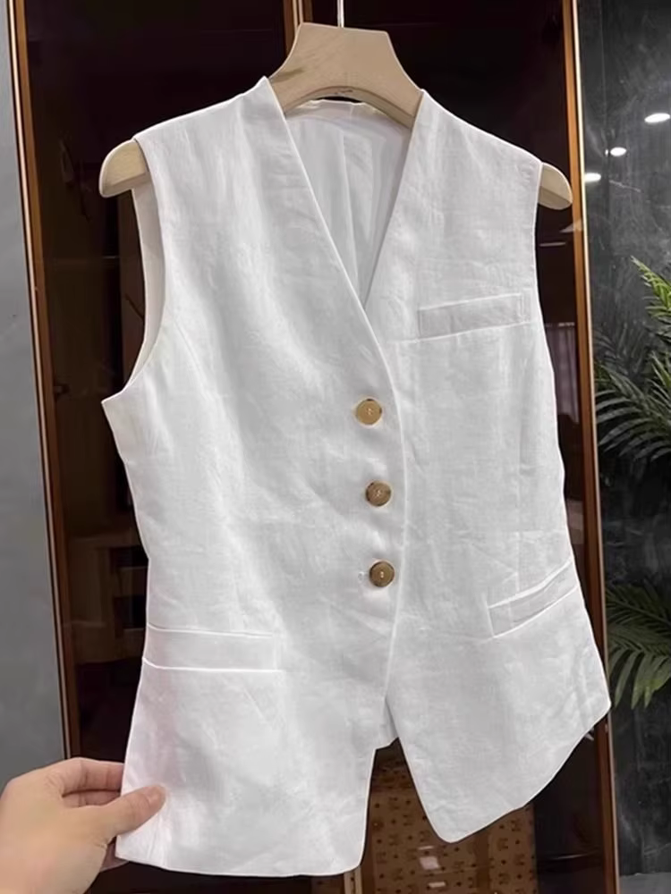 Mode lin blanc sans manches costume gilet pour femmes printemps été haute qualité rétro élégant col en v coton lin