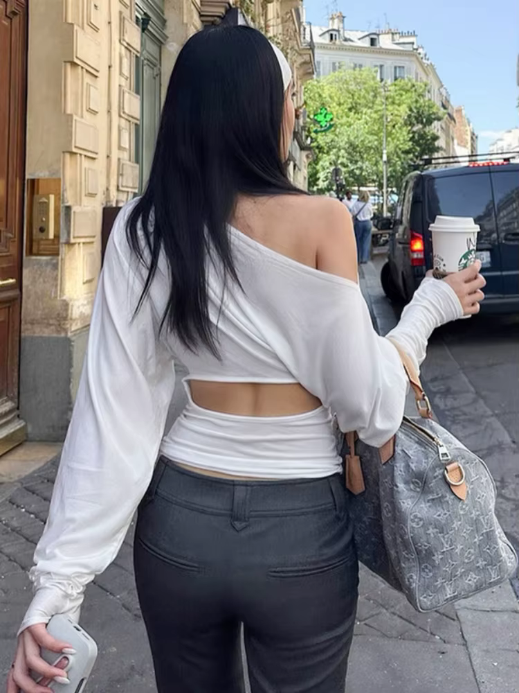 Batwing t-shirt col incliné t-shirts pour femmes Streetwear à manches longues Y2k haut solide vêtements féministe Ropa Mujer Camisetas