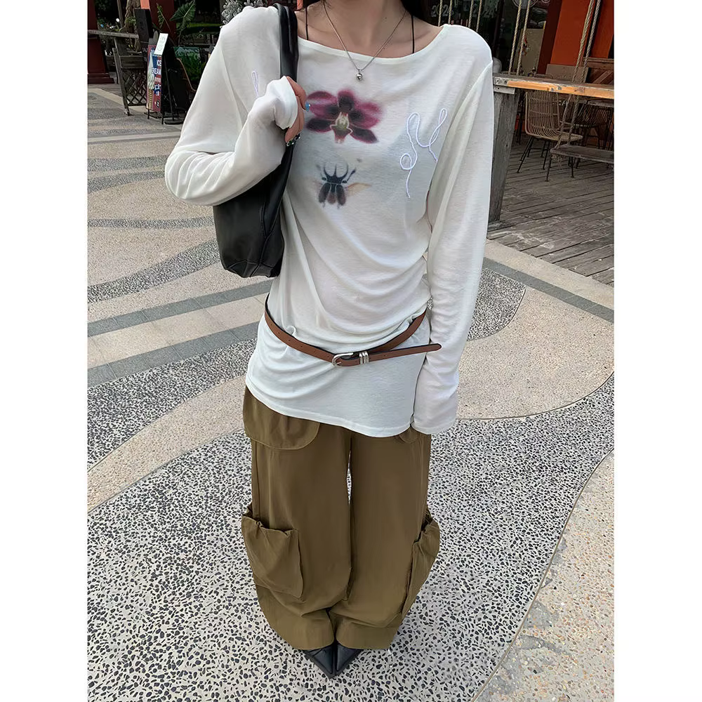 T-shirt Onalippa tendance imprimé style décontracté épaules dénudées légèrement transparent col rond manches longues haut de base 2026 Nouveauté