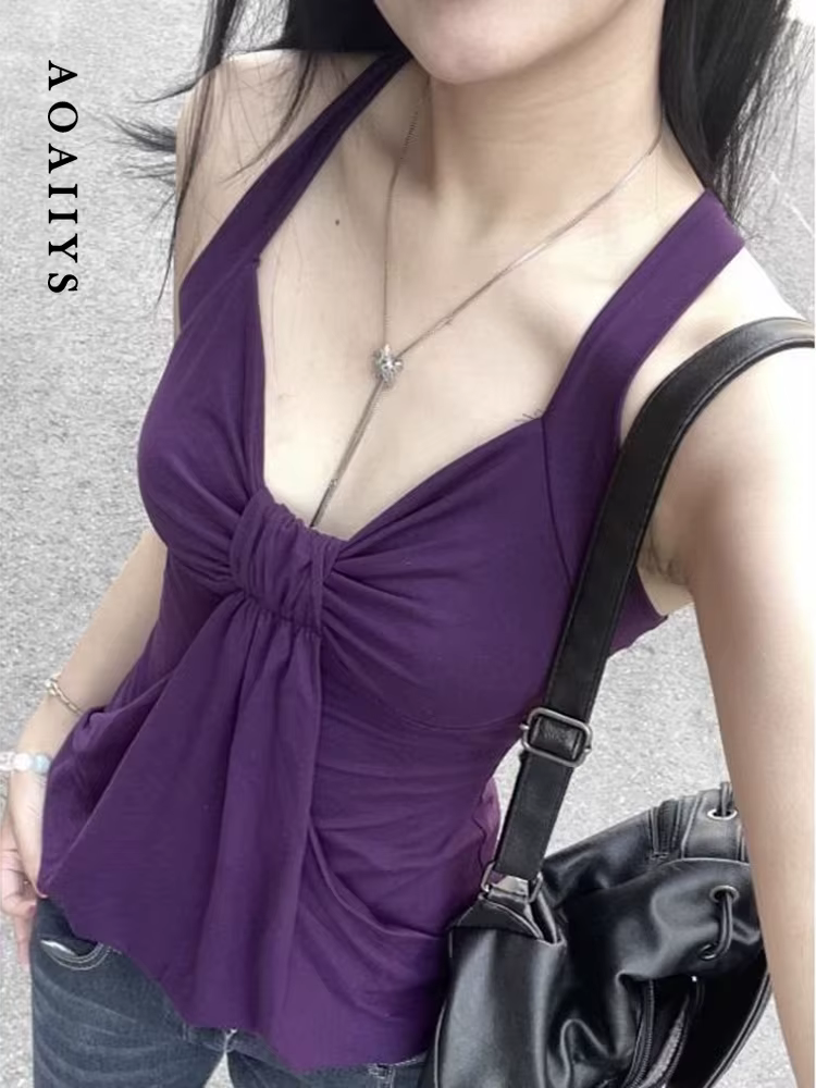 Aoaiiys Débardeur Violet Plissé Halter pour Femme