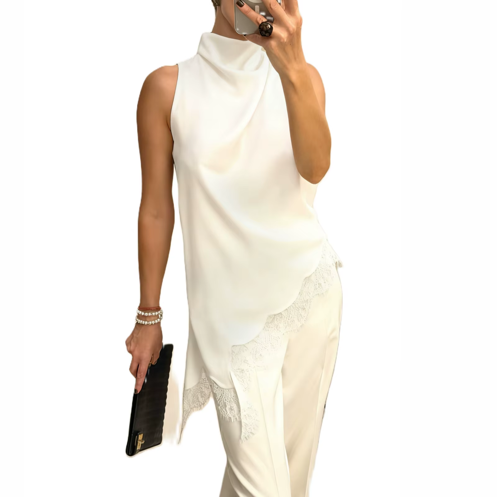 Xingqing y2k débardeurs femmes élégantes vêtements couleur unie col haut sans manches asymétrique dentelle ourlet t-shirts mode Clubwear