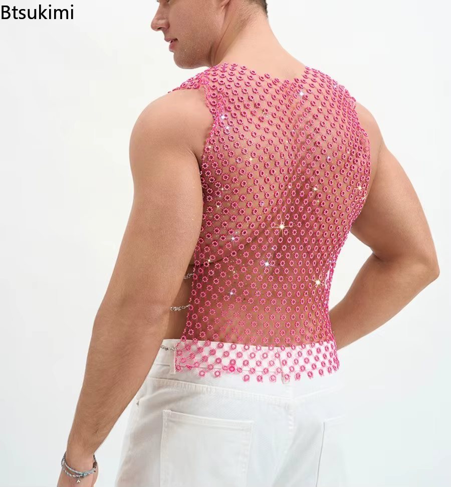 Nouveaux débardeurs vintage à sequins brillants pour hommes