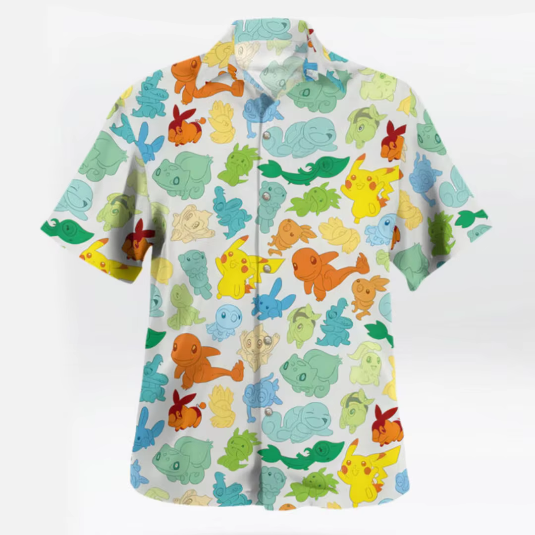 Chemise hawaïenne à imprimé coloré Pokémon Starter Characters