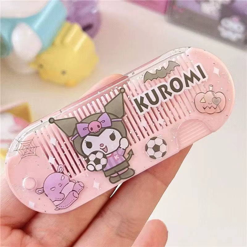 Peigne pliant inspiré de Kuromi, brosse à cheveux compacte avec miroir, personnage d'anime Kawaii, démêlant, pour femmes, cadeau de voyage, vente en gros