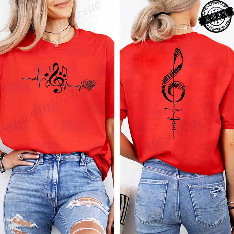 T-shirt imprimé avec notes musicales pour femmes, t-shirts graphiques avec motif de battement de cœur, vêtements esthétiques pour femmes, cadeau pour musicien