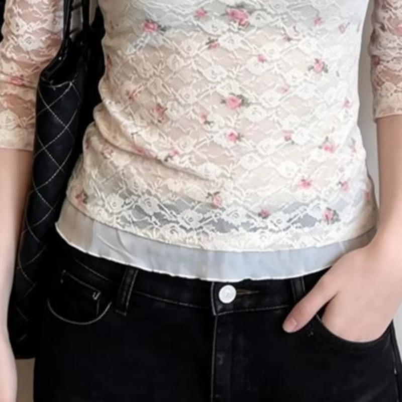 T-shirt en dentelle Y2k pour femmes