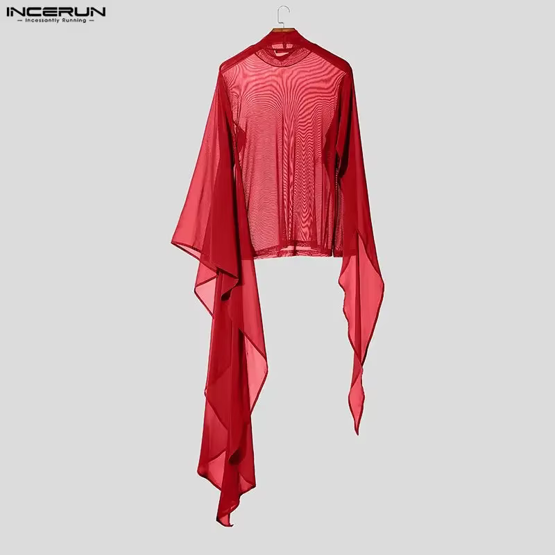 INCERUN hommes t-shirt maille Patchwork voir à travers col roulé à manches longues