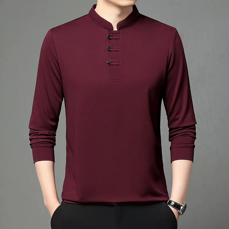 Printemps automne hommes Style chinois col montant polos mode coupe ajustée à manches longues