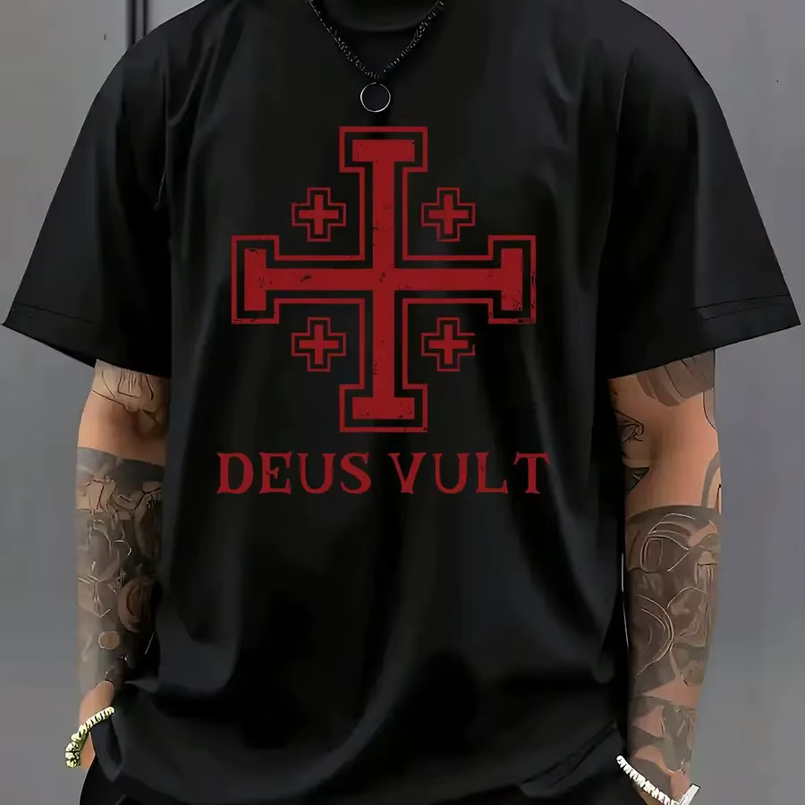 T-shirt graphique médiéval croix de Jérusalem Deus Vult pour homme