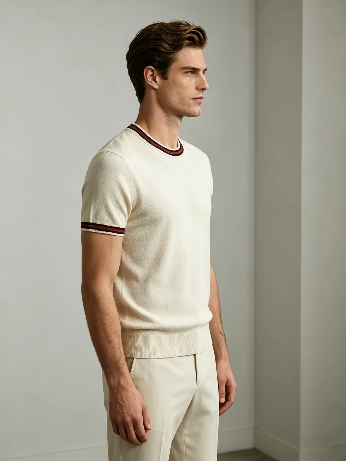 La chemise en tricot à manches courtes de couleur blanc clair convient à porter avec un pantalon