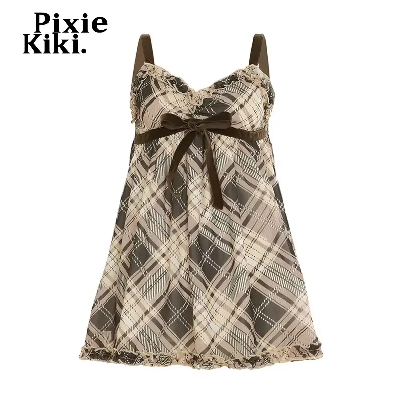 Débardeurs à carreaux marron pour femmes Gyaru Japanese 2000s Y2k Summer Bow Frill V Neck Backless Top Cute Clothing