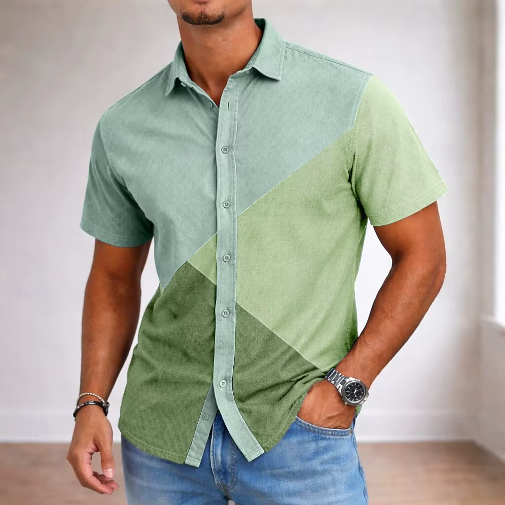 Chemise boutonnée beige et bordeaux à blocs de couleurs géométriques pour homme