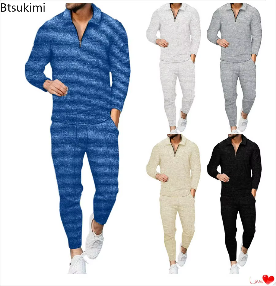 Nouveaux hommes décontracté à manches longues Polo + pantalons de survêtement ensembles de costume solide