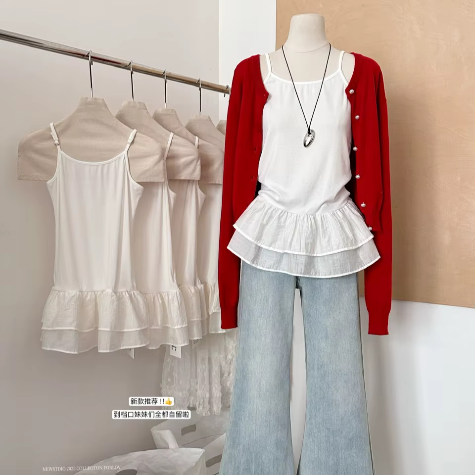 Haut Camisole blanc pour femmes, avec jupe Double couche à volants, débardeur sans manches, épissure amincissante, gilet de Base sans bretelles