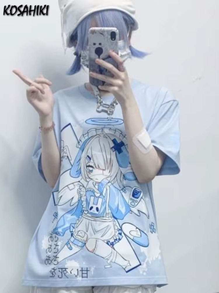 T-shirt imprimé dessin animé japonais Harajuku pour femmes