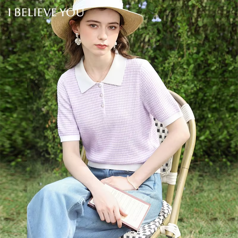 I BELIEVE YOU Polo à manches courtes en tricot à carreaux violets pour femme