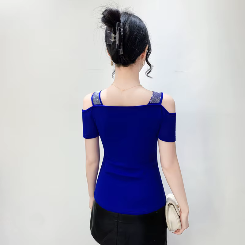 Nouveau Design européen de fleur de Rose vêtements pour femmes T-Shirt Chic épaules nues diamants chauds hauts élégant Streetwear filles t-shirts chemises