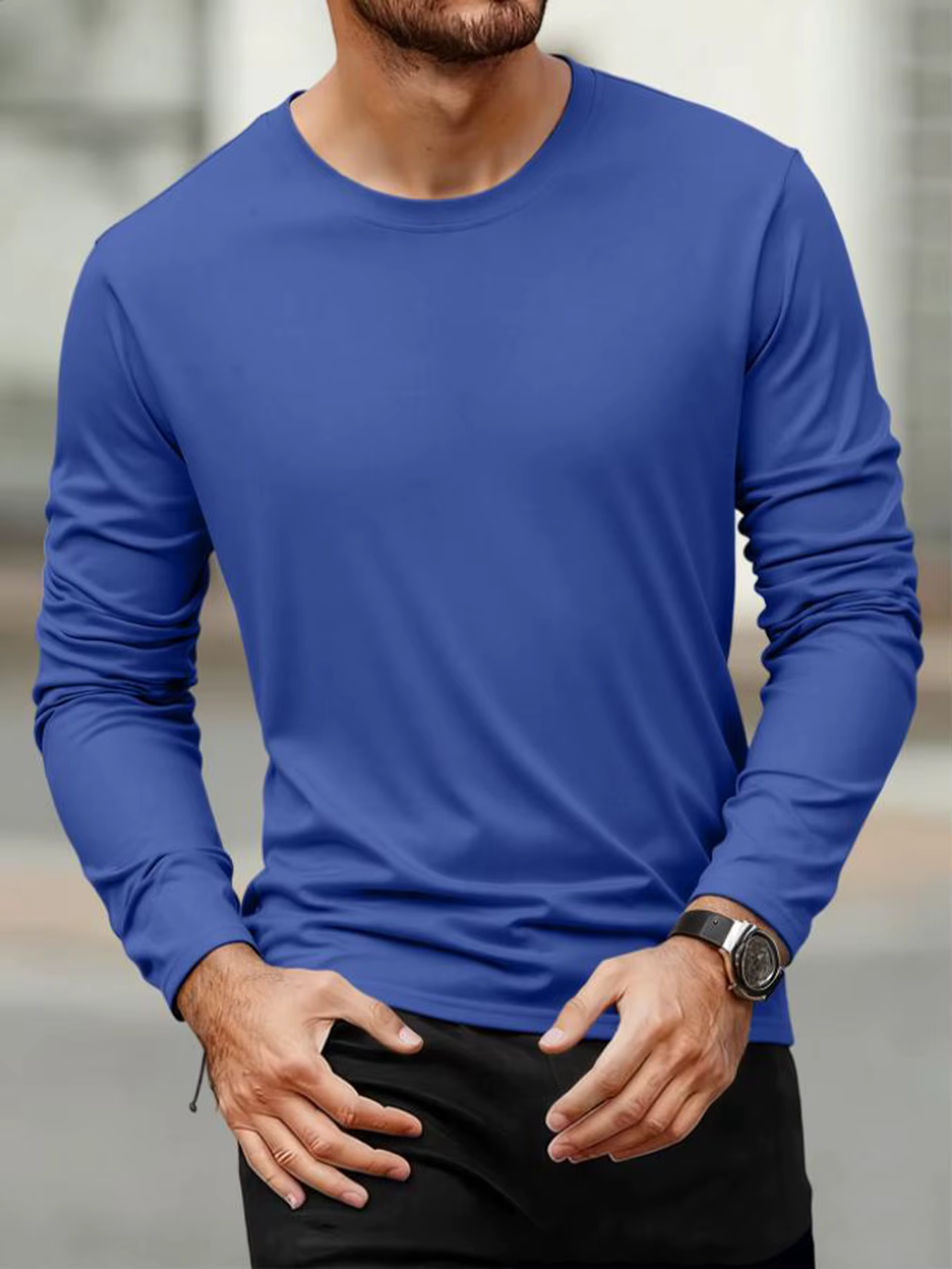 Printemps automne hommes T-shirts à manches longues décontracté hauts couleur unie haute qualité noir T-Shirt classique