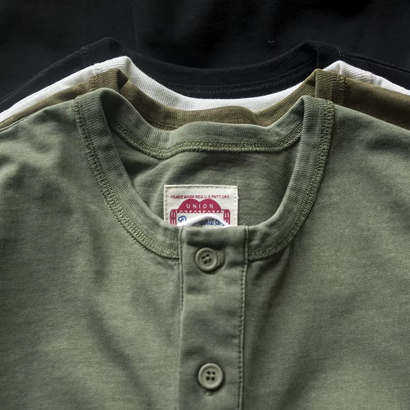 Amekaji élégant Vintage Americana Henley t-shirt-260gsm coton lavé chemise à manches courtes été en détresse Style décontracté