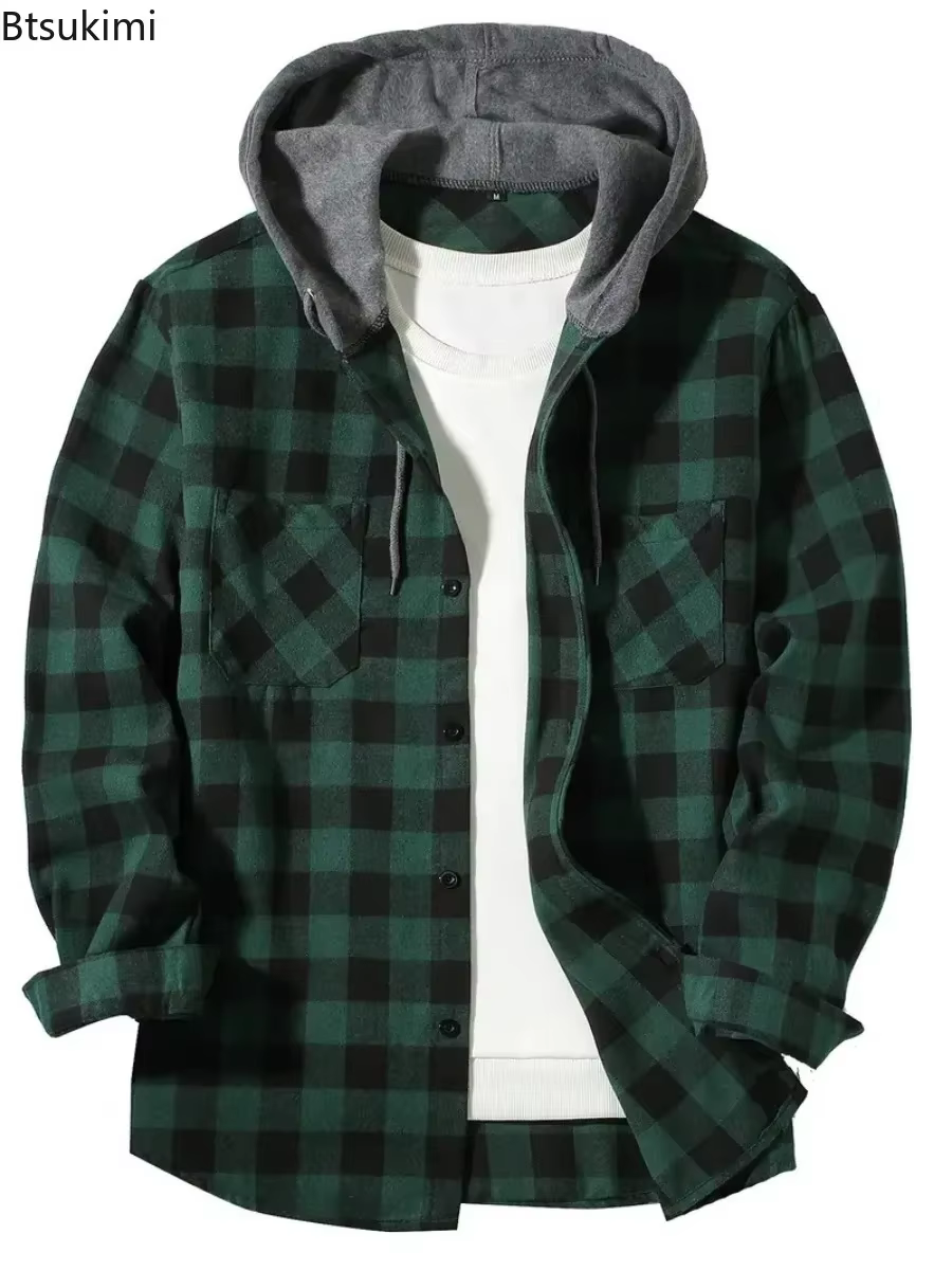 Chemises en flanelle pour hommes 2026 – Vestes classiques à carreaux amples et décontractées avec capuche