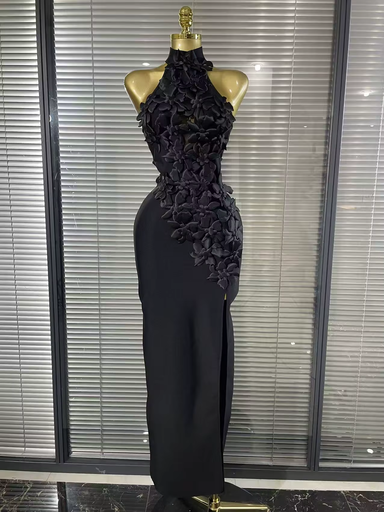 Rouge noir femmes sans manches Sexy hors de l'épaule moulante pansement longue robe florale élégante soirée mariage sirène porter