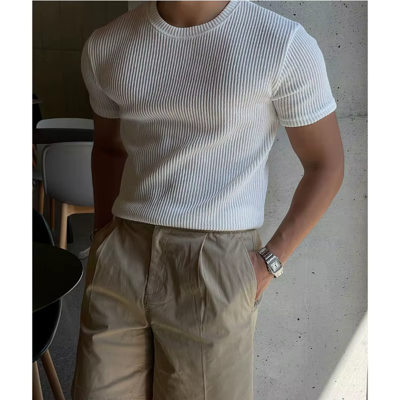 T-shirt côtelé ajusté pour homme - Col rond texturé à manches courtes