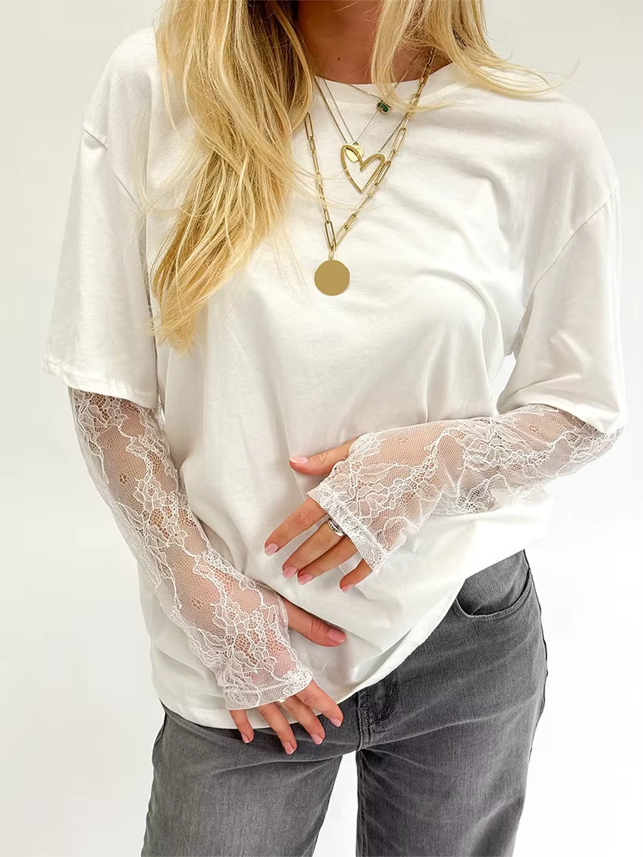 Femmes col rond T-Shirt dentelle à manches longues chemises décontractées printemps automne coupe ample hauts dames couleur unie T-Shirt pour Streetwear Y2K 00s