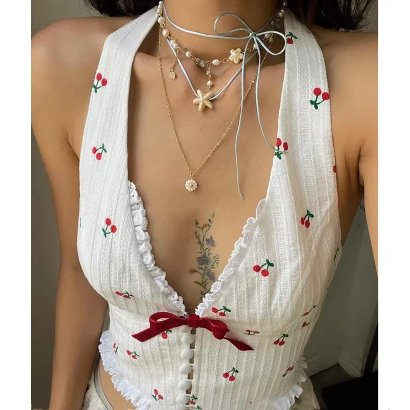 Mode coréenne imprimé licou Camis débardeurs été tricoté coupe ajustée débardeur haute rue banlieue décontracté