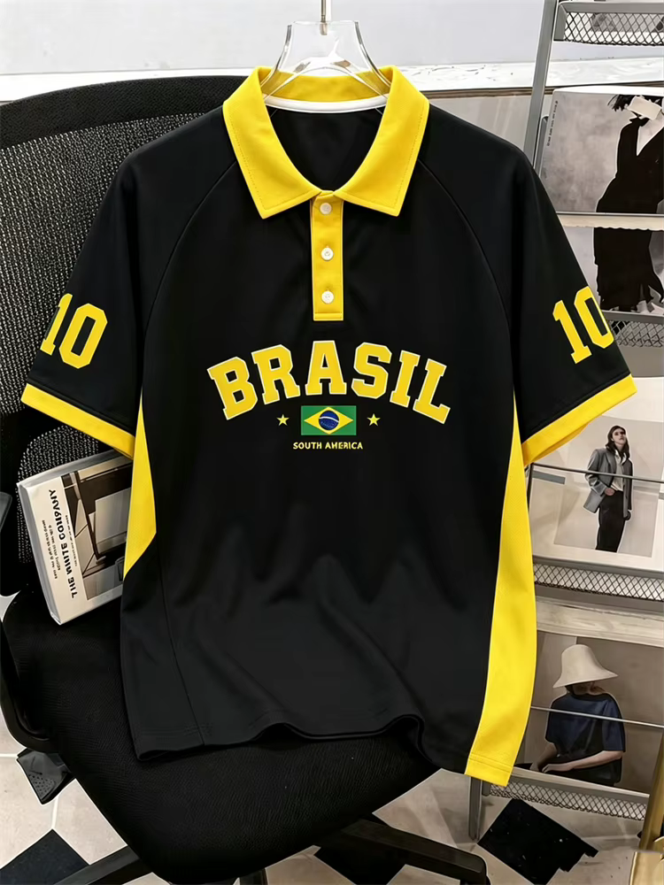 Nouveau T-shirt Polo Homme à Manches Courtes Motif Drapeau Brésilien Style Sportif