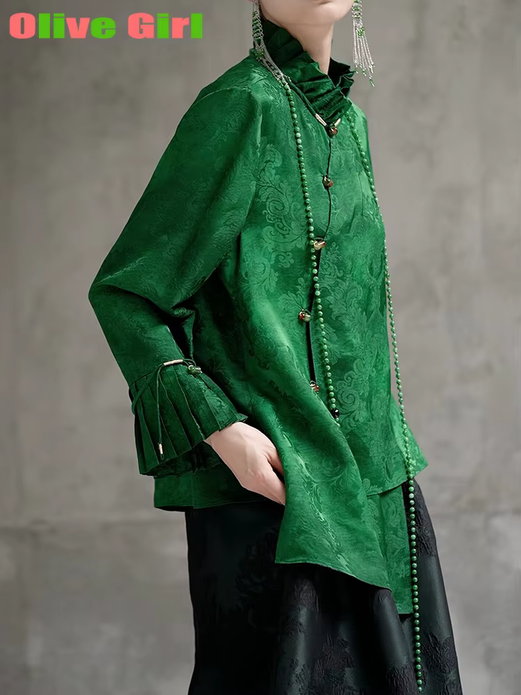 2025 vert petit haut Jacquard tissu élégant