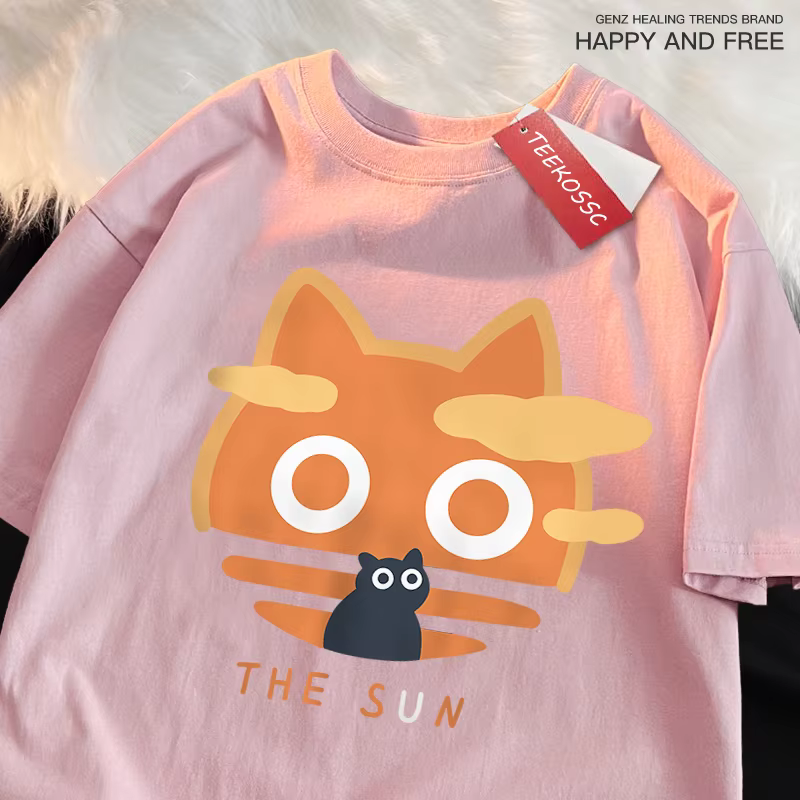 Le soleil Orange chat amusant Style japonais homme coton col rond T-Shirt été ample surdimensionné vêtements de haute qualité marque à manches courtes