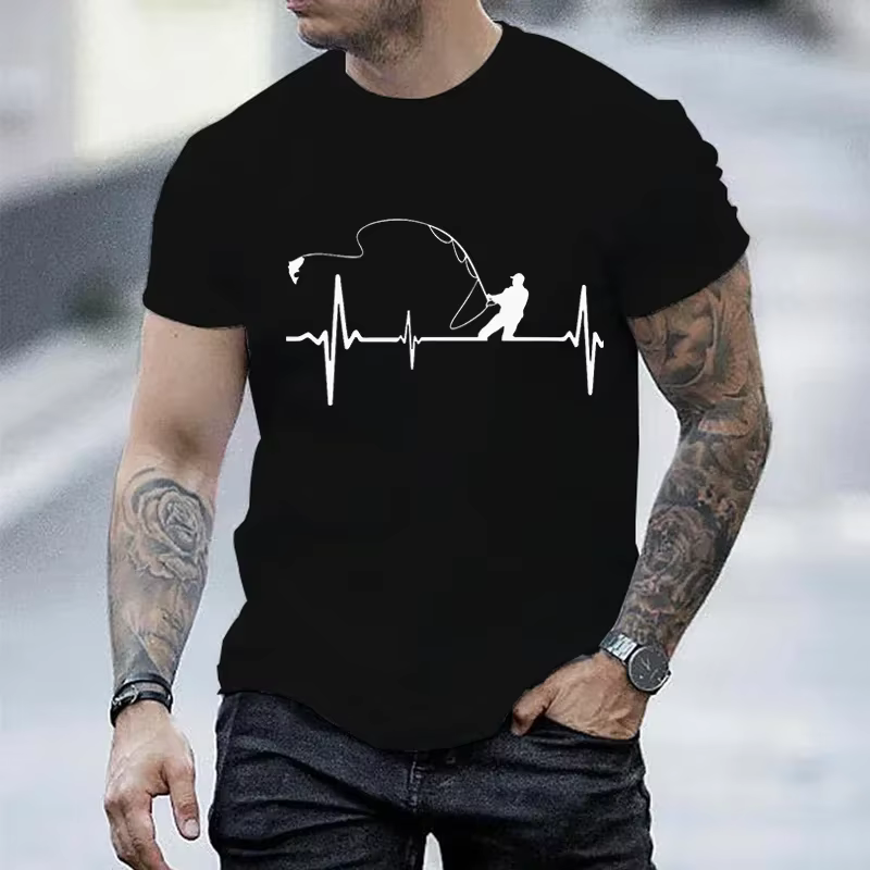 T-shirts pour hommes pêche à la mouche battement de coeur impulsion impression chemise drôle à manches courtes