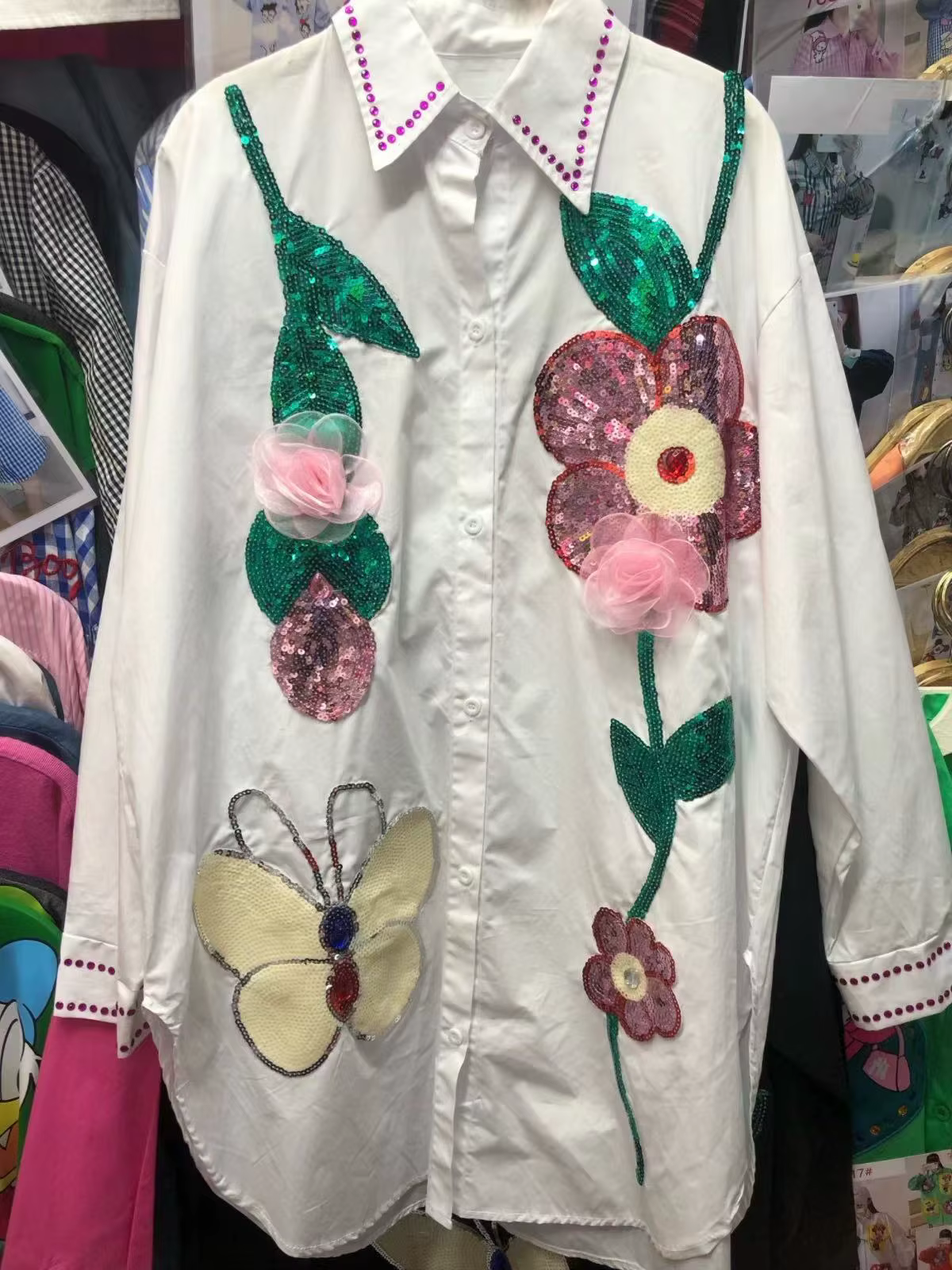 Paillettes fleurs point ample décontracté surdimensionné longues chemises et chemisiers en coton pour les femmes 2025 printemps été hauts filles Y2k Camisas