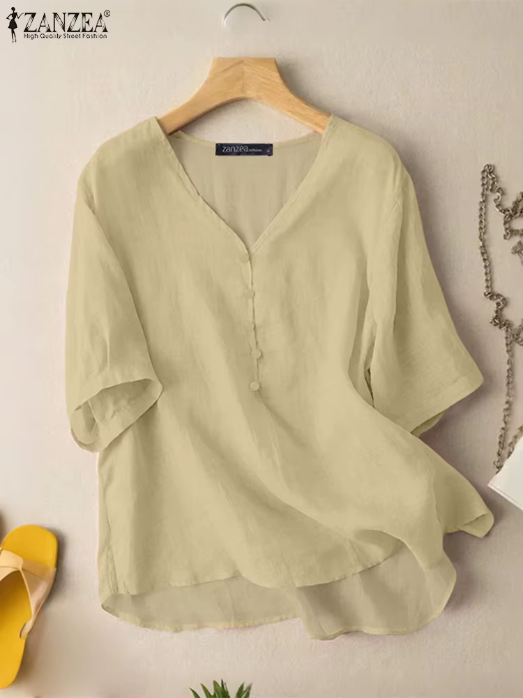 ZANZEA femmes Blouses Vintage 2025 été décontracté col en v demi manches haut-bas Blusas Mujer confort week-end couleur unie tunique hauts