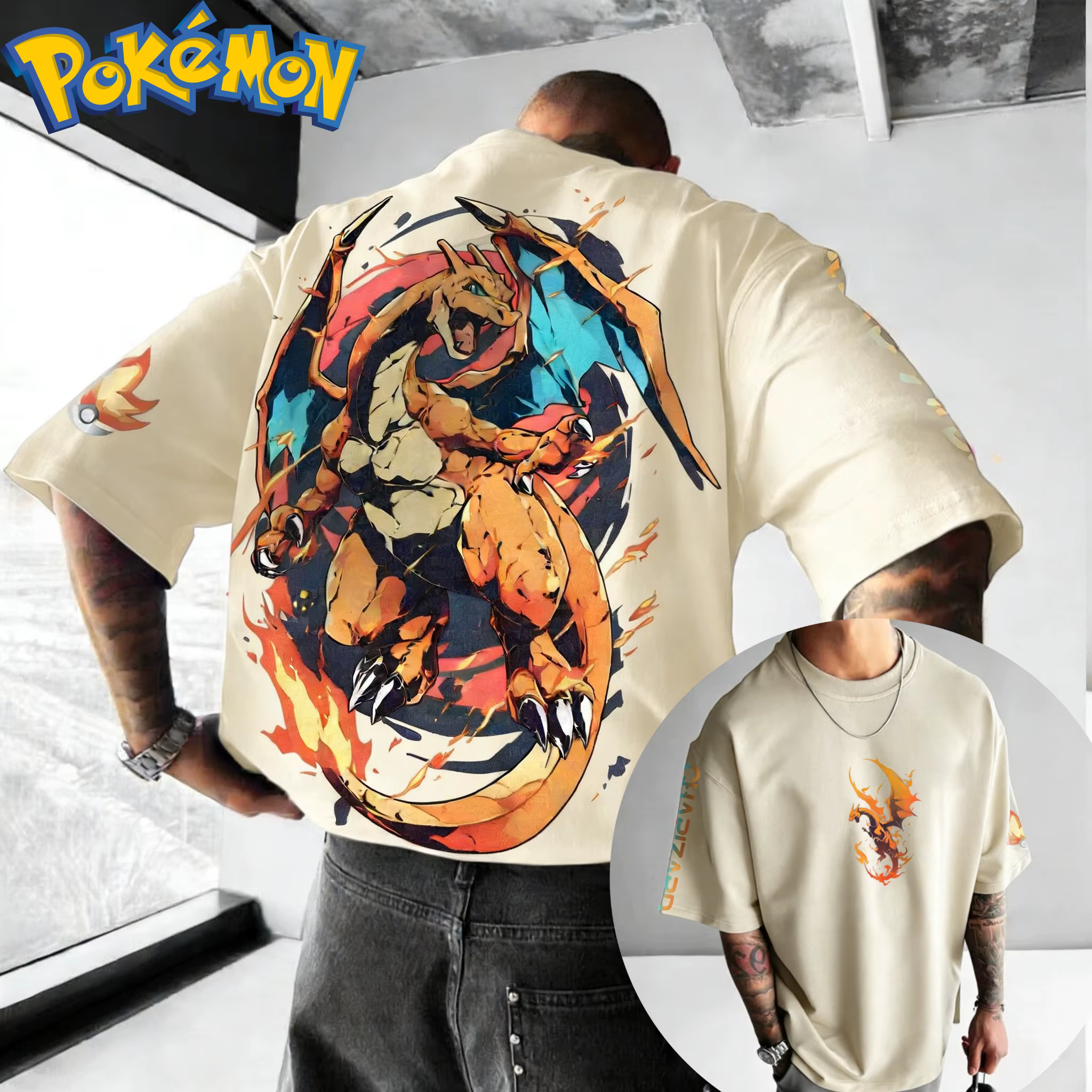 Nouveau T-shirt en coton Pokémon avec impression avant Charizard