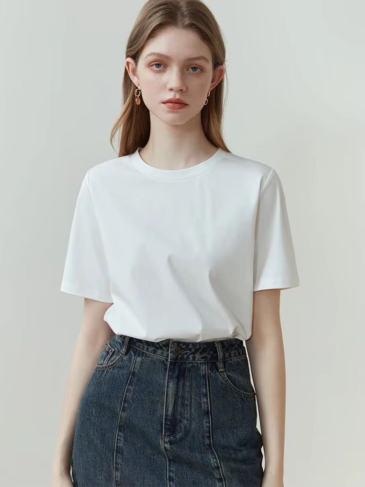 FSLE 100% coton T-Shirt à manches courtes femmes printemps été nouveau col rond droit blanc noir haut