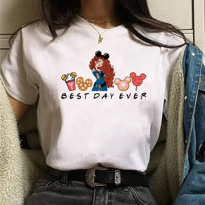 T-Shirt imprimé Disney Best Day Ever, décontracté, Harajuku, vêtements de princesse sumérienne pour femmes, Streetwear à manches courtes